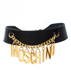 Pre Owned Moschino Black Leather Logo Charm Belt 105CM