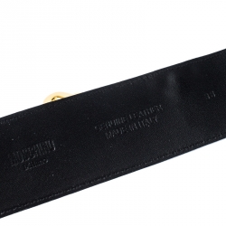 Pre Owned Moschino Black Leather Logo Charm Belt 105CM