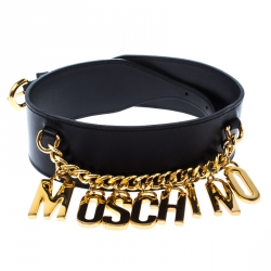 Pre Owned Moschino Black Leather Logo Charm Belt 105CM