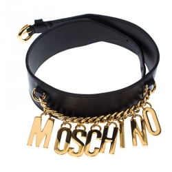 Pre Owned Moschino Black Leather Logo Charm Belt 105CM