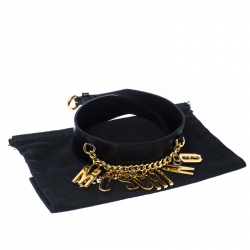 Pre Owned Moschino Black Leather Logo Charm Belt 105CM