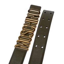 Pre Owned Moschino Olive Green Leather Logo Belt 85CM