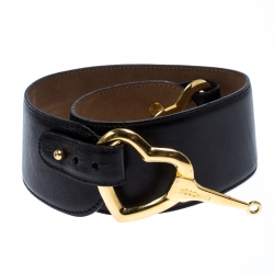 Pre Owned Moschino Black Leather Heart Buckle Belt 70CM
