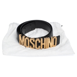 Pre Owned Moschino Black Leather Logo Belt 90CM