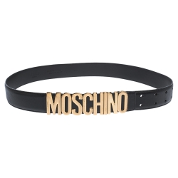 Pre Owned Moschino Black Leather Logo Belt 90CM