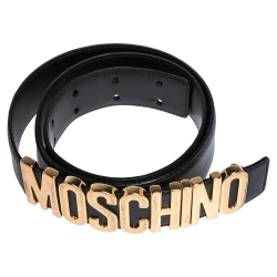 Pre Owned Moschino Black Leather Logo Belt 90CM