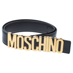 Pre Owned Moschino Black Patent Leather Redwall Logo Belt 85CM