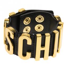 Pre Owned Moschino Logo Wide Black Leather Gold Tone Bracelet M