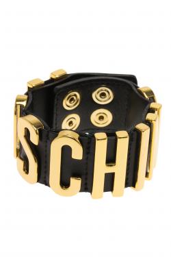 Pre Owned Moschino Logo Wide Black Leather Gold Tone Bracelet M
