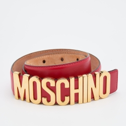 Pre Owned Moschino Red Leather Logo Belt 85CM