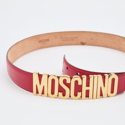 Pre Owned Moschino Red Leather Logo Belt 85CM