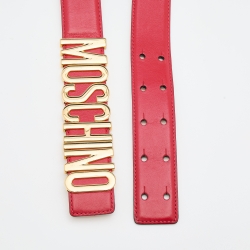 Pre Owned Moschino Red Leather Logo Belt 85CM