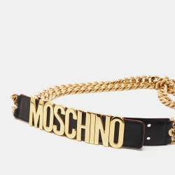 Pre Owned Moschino Black Leather 30th Anniversary Chain Belt 80CM