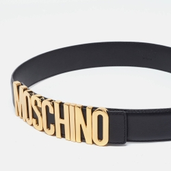 Pre Owned Moschino Black Leather Classic Logo Wait Belt Size 75CM