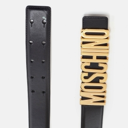 Pre Owned Moschino Black Leather Classic Logo Wait Belt Size 75CM