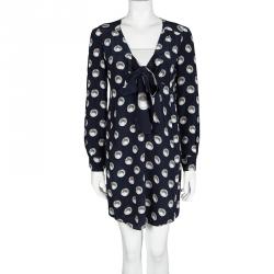 Pre Owned Moschino Navy Blue Silk Pearl Print Long Sleeve Dress M
