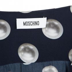 Pre Owned Moschino Navy Blue Silk Pearl Print Long Sleeve Dress M