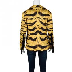 Pre Owned Moschino Tiger Printed Cotton Contrast Fringe Detail Blazer L