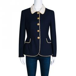 Pre Owned Moschino Navy Blue Contrast Collar Lurex Trim Detail Wool Blazer M