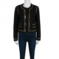 Pre Owned Moschino Black Hanging Gold Logo Letter Detail Chain Trim Jacket M 