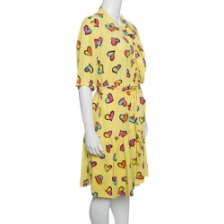 Pre Owned Boutique Moschino Yellow Heart Printed Silk Ruffle Front Drop Waist Dress M