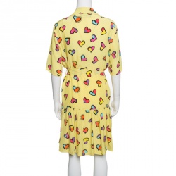 Pre Owned Boutique Moschino Yellow Heart Printed Silk Ruffle Front Drop Waist Dress M