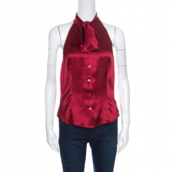 Pre Owned Moschino Maroon Silk Tie Front Buttoned Halter Top M