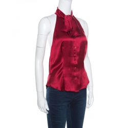 Pre Owned Moschino Maroon Silk Tie Front Buttoned Halter Top M