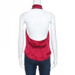 Pre Owned Moschino Maroon Silk Tie Front Buttoned Halter Top M