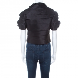 Pre Owned Moschino Black Ruffle Satin Crepe Short Sleeve Blouse  S