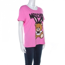 Pre Owned Moschino Pink Teddy Bear Printed & Embroidered Jersey T-shirt L