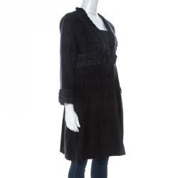 Pre Owned Moschino Black Textured Cotton and Silk Trim Detail Mid Length Jacket M 