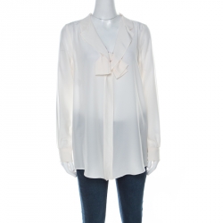 Pre Owned Moschino Cream Silk Crepe de Chine Bow Detail Long Sleeve Blouse M