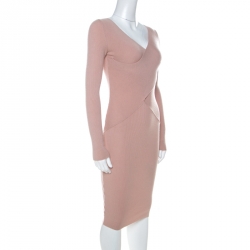 Moschino Dusty Pink Rib Knit Wrap Bodice Long Sleeve Midi Dress M