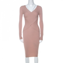 Moschino Dusty Pink Rib Knit Wrap Bodice Long Sleeve Midi Dress M