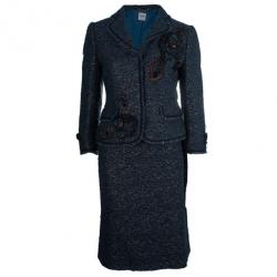 Pre Owned Moschino Navy Metallic Tweed Skirt Suit M