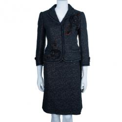 Pre Owned Moschino Navy Metallic Tweed Skirt Suit M