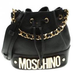 Pre Owned Moschino Black Leather Drawstring Crossbody Bag