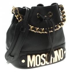 Pre Owned Moschino Black Leather Drawstring Crossbody Bag