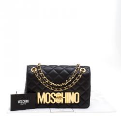 مملوكة مسبقًا Moschino Black Quilted Leather Logo Flap Shoulder Bag