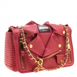 Pre Owned Moschino Coral Pink Leather Capsule Biker Jacket Shoulder Bag