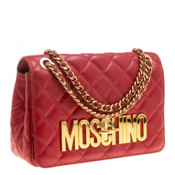 Pre Owned Moschino Red Quilted Leather Logo Flap Shoulder Bag