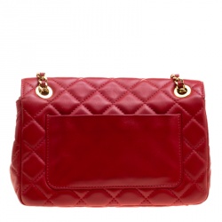 Pre Owned Moschino Red Quilted Leather Logo Flap Shoulder Bag