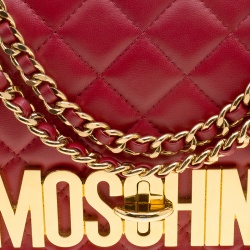 Pre Owned Moschino Red Quilted Leather Logo Flap Shoulder Bag