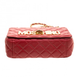 Pre Owned Moschino Red Quilted Leather Logo Flap Shoulder Bag