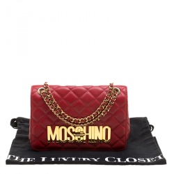 Pre Owned Moschino Red Quilted Leather Logo Flap Shoulder Bag