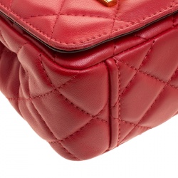 Pre Owned Moschino Red Quilted Leather Logo Flap Shoulder Bag