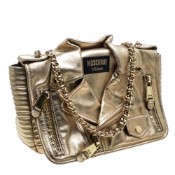 Pre Owned Moschino Gold Leather Large Capsule Biker Jacket Shoulder Bag