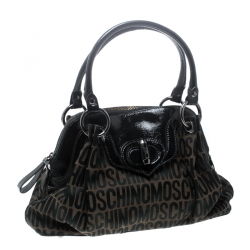 Moschino Dark Brown Signature Canvas and Patent Leather Satchel