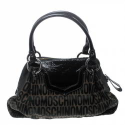 Moschino Dark Brown Signature Canvas and Patent Leather Satchel